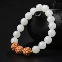 Bracelet de perles de verre, Des billes de verre, avec bois & alliage de zinc, unisexe, blanc, 10mm, Longueur Environ 18 cm, Vendu par PC