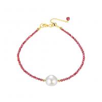 925 Sterling Silver Bangle Bracelet, with Freshwater Pearl & Garnet, plated, for woman, red, Length 15-8CM, Sold By PC