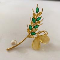 Cubic Zirconia Brooch, Brass, with Freshwater Pearl, Wheat, 14K gold plated, fashion jewelry & micro pave cubic zirconia & for woman, nickel, lead & cadmium free, Sold By PC