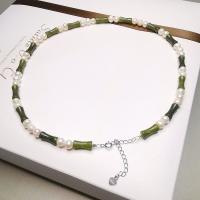 925 Sterling Silver Necklaces with Peridot Stone & Freshwater Pearl with 6cm extender chain fashion jewelry nickel lead & cadmium free Length Approx 45 cm Sold By PC