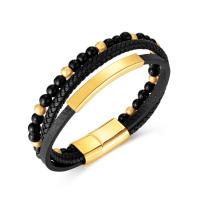 PU Leather Cord Bracelets, with Black Agate & 304 Stainless Steel, Vacuum Ion Plating, vintage & for man, more colors for choice, Length:210 mm, Sold By PC