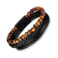 PU Leather Cord Bracelets with Tiger Eye & 304 Stainless Steel Vacuum Ion Plating vintage & for man 13mm Length 205 mm Sold By PC