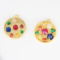 Cubic Zirconia Brass Pendants, with Cubic Zirconia, Flat Round, 18K gold plated, DIY, multi-colored, nickel, lead & cadmium free, 17.70x19.70mm, Sold By PC