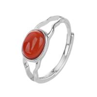925 Sterling Silver Cuff Finger Ring with Yunnan Red Agate Oval for woman & hollow agate size US Ring Sold By PC