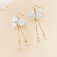 Tibetan Style Drop Earrings, with Shell & Plastic Pearl, petals, gold color plated, for woman, white, 30x80mm, Sold By PC