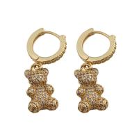 Cubic Zirconia Micro Pave Brass Earring, Bear, gold color plated, fashion jewelry & micro pave cubic zirconia & for woman, golden, nickel, lead & cadmium free, 30.50x10mm, Sold By Pair