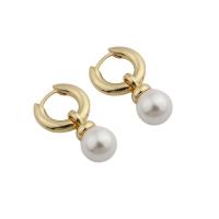 Huggie Hoop Drop Earring, Brass, with Shell Pearl, gold color plated, fashion jewelry & for woman, golden, nickel, lead & cadmium free, 13x15.50mm, Sold By Pair