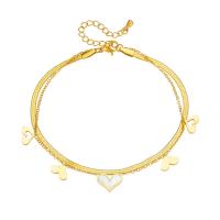 Mode Smycken Anklet, Titan Stål, med Shell, med 1.97inch extender kedja, Hjärta, Dubbla lager & för kvinna, gyllene, Såld Per Ca 7.87 inch Strand