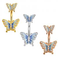 Stainless Steel Belly Ring 304 Stainless Steel Butterfly Vacuum Ion Plating micro pave cubic zirconia & for woman & enamel rod width 1.6mm rod length 10mm Sold By PC