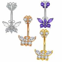 Stainless Steel Belly Ring, 304 Stainless Steel, Butterfly, Vacuum Ion Plating, fashion jewelry & micro pave cubic zirconia & for woman, more colors for choice, rod width 1.6mm,rod length 10mm, Sold By PC