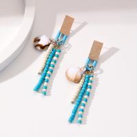Boucles d'oreilles en alliage de zinc, Des billes de verre, avec alliage de zinc & Acrylique, coquille, bijoux de mode, bleu, 18x100mm, Vendu par paire
