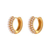Acier inoxydable Levier Retour Earring, Acier inoxydable 304, avec perle de plastique, Plaqué or 18K, bijoux de mode & pour femme, doré, 17.80x19.30mm, Vendu par paire
