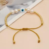 Evil Eye Jewelry Bracelet Lampwork with Knot Cord & Freshwater Pearl & Brass Flat Round gold color plated Adjustable & fashion jewelry & Unisex white Length Approx 28 cm Sold By PC