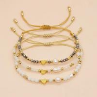 Crystal Bracelets with Knot Cord & Freshwater Pearl & Brass Heart gold color plated Adjustable & fashion jewelry & for woman Length Approx 28 cm Sold By PC