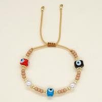 Bracelet Evil Eye bijoux, chalumeau, avec Cordon de noeud & Seedbead & perle de plastique & laiton, pilier, Placage de couleur d'or, Réglable & bijoux de mode & unisexe, couleurs mélangées, Longueur:Environ 28 cm, Vendu par PC
