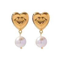 Stainless Steel Drop Earring, 304 Stainless Steel, with Shell Pearl, Heart, Vacuum Ion Plating, fashion jewelry & for woman, golden, 39.50mm, Sold By Pair