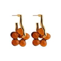 Brass Stud Earring, with Lampwork, Flower, 18K gold plated, fashion jewelry & for woman, golden, nickel, lead & cadmium free, 38x22mm, Sold By Pair