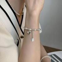 Plastic Bracelet, Brass, with Plastic Pearl, fashion jewelry & for woman, silver color, nickel, lead & cadmium free, Length:Approx 18 cm, Sold By PC