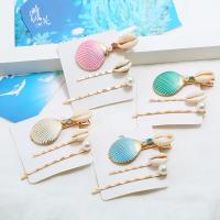 Hair Slide Zinc Alloy with Shell & Plastic Pearl Shell gold color plated for woman & enamel & with rhinestone Sold By Set