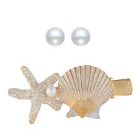 Zinc Alloy Jewelry Sets Stud Earring & hair clip with Plastic Pearl Starfish gold color plated for woman & enamel Sold By Set