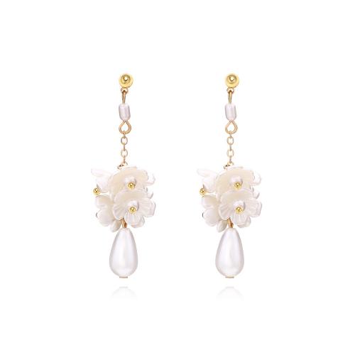 Earring Jewelry, Plastic Pearl, with Tibetan Style, Flower, gold color plated, fashion jewelry & for woman, white, 16x53mm, Sold By Pair