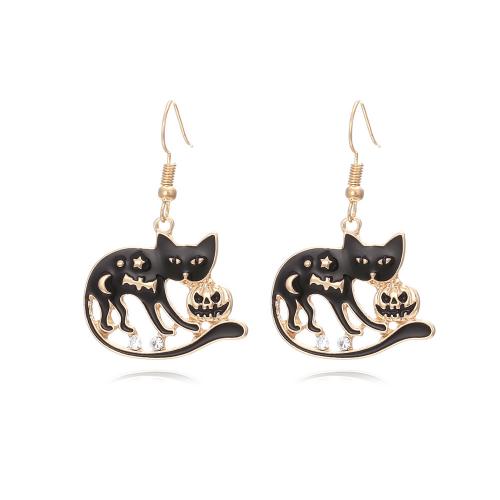 New Hot Halloween Jewelry and Decor Zinc Alloy Cat gold color plated fashion jewelry & for woman & enamel & with rhinestone black nickel lead & cadmium free Sold By Pair