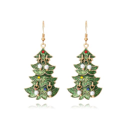 Christmas Earrings Zinc Alloy with Plastic Pearl Christmas Tree gold color plated fashion jewelry & for woman & enamel & with rhinestone green nickel lead & cadmium free Sold By Pair