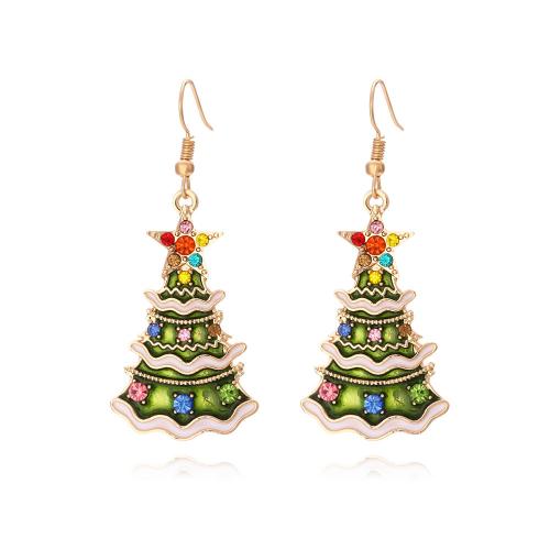 Christmas Earrings, Tibetan Style, Christmas Tree, gold color plated, fashion jewelry & for woman & enamel & with rhinestone, mixed colors, nickel, lead & cadmium free, 24x58mm, Sold By Pair