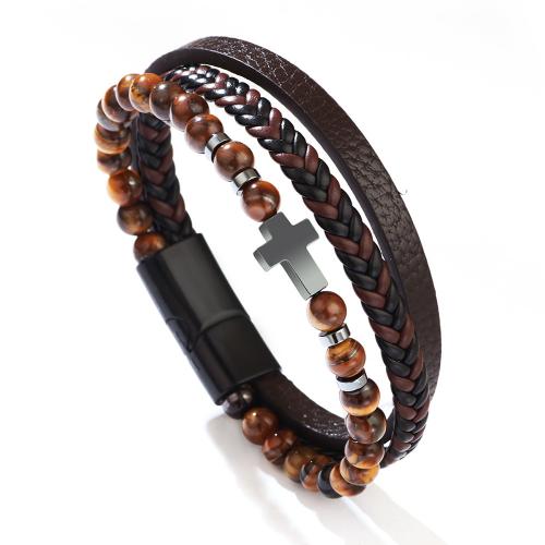 PU Leather Cord Bracelets, with Abrazine Stone & Lava & Tiger Eye & Hematite, Cross, three layers & fashion jewelry & different length for choice & different materials for choice & Unisex, more colors for choice, Sold By PC