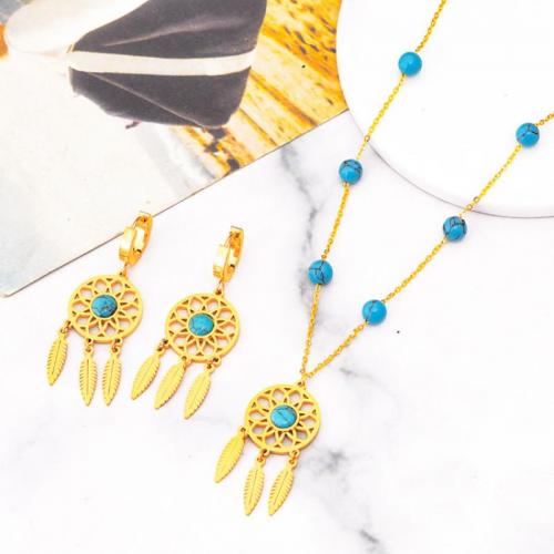 Jewelry Sets, Titanium Steel, with turquoise, with 2.09inch extender chain, Vacuum Ion Plating, fashion jewelry & different styles for choice & for woman, golden, Length:Approx 15.75 Inch, Sold By PC