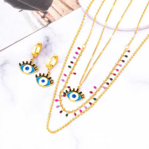 Evil Eye Jewelry Set Titanium Steel with 2.36inch extender chain Vacuum Ion Plating three layers & for woman & epoxy gel golden earring 18mm Length Approx 14.96 Inch Approx 17.72 Inch Approx 20.08 Inch Sold By PC