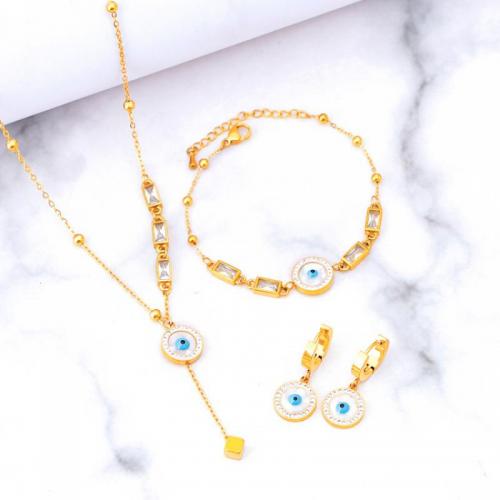 Evil Eye Jewelry Set Titanium Steel with White Shell Vacuum Ion Plating & for woman & with rhinestone golden Sold By PC