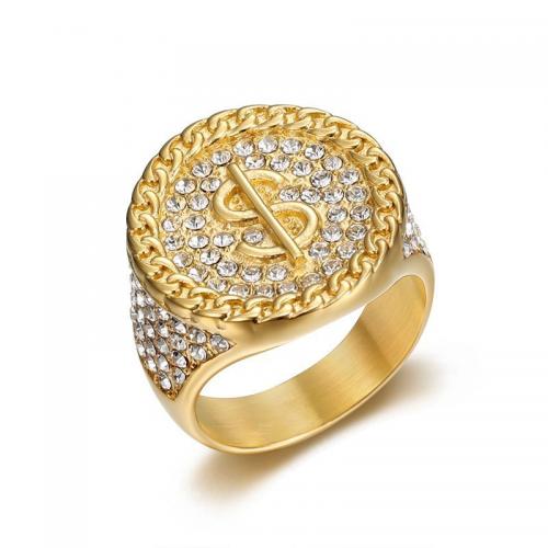 Rhinestone нержавеющей стали палец кольцо, Нержавеющая сталь 304, Знак доллара, ювелирные изделия моды & разный размер для выбора & Мужский & со стразами, Золотой, продается PC
