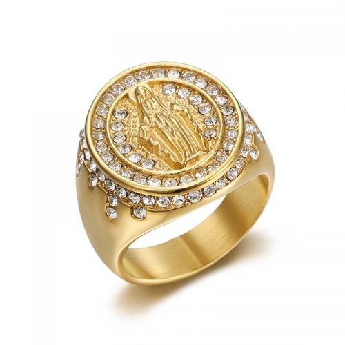 Stal nierdzewna Rhinestone Ring Finger, Stal nierdzewna 304, Dziewica Maryja, biżuteria moda & różnej wielkości do wyboru & dla człowieka & z kamieniem, złoty, sprzedane przez PC