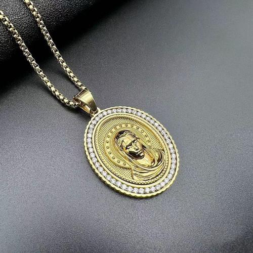 Stainless Steel Jewelry Necklace 304 Stainless Steel Oval Vacuum Ion Plating fashion jewelry & Unisex & with rhinestone golden Sold By PC