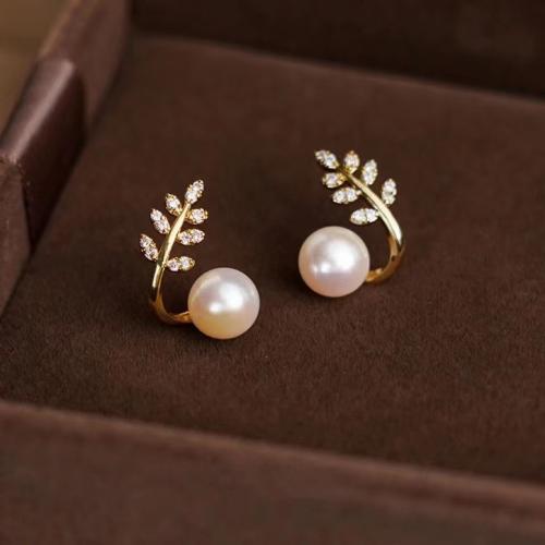 Freshwater Pearl Earrings, with Brass, fashion jewelry & for woman & with rhinestone, white, pearl size 7-8mm, Sold By Pair