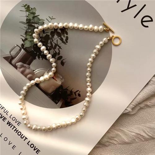 Freshwater Pearl Brass Chain Necklace, Pérolas de água doce, with cobre, joias de moda & para mulher, branco, comprimento Aprox 38 cm, vendido por PC