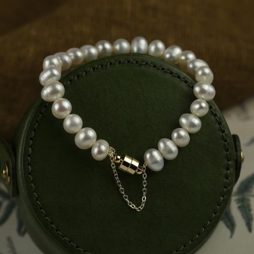 Sötvatten odlade Pearl Bracelet, Freshwater Pearl, med Mässing, mode smycken & för kvinna, vit, Längd Ca 18 cm, Säljs av PC
