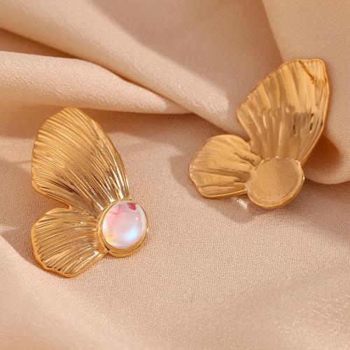 Stainless Steel Stud Earrings 316L Stainless Steel Butterfly 18K gold plated fashion jewelry & for woman & with rhinestone golden Sold By Pair
