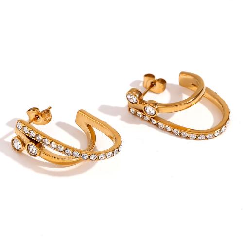 Stainless Steel Stud Earrings 316L Stainless Steel 18K gold plated fashion jewelry & for woman & with rhinestone golden Sold By Pair