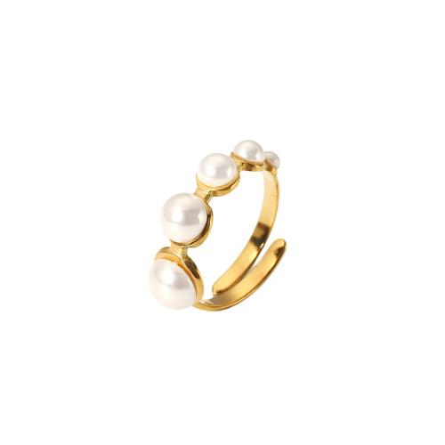 Stainless Steel Finger Ring 304 Stainless Steel with Plastic Pearl Vacuum Ion Plating fashion jewelry & for woman golden Sold By PC
