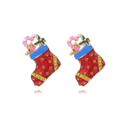 Christmas Earrings, Tibetan Style, Christmas Sock, gold color plated, fashion jewelry & for woman & enamel & with rhinestone, mixed colors, nickel, lead & cadmium free, 25x30mm, Sold By Pair
