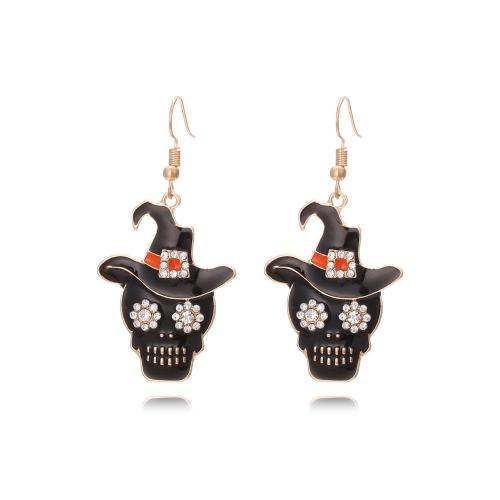 New Hot Halloween Jewelry and Decor, Tibetan Style, Skull, gold color plated, fashion jewelry & for woman & enamel & with rhinestone, black, nickel, lead & cadmium free, 27x59mm, Sold By Pair