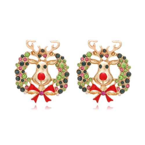 Christmas Earrings Zinc Alloy Christmas Wreath gold color plated fashion jewelry & for woman & enamel & with rhinestone mixed colors nickel lead & cadmium free Sold By Pair