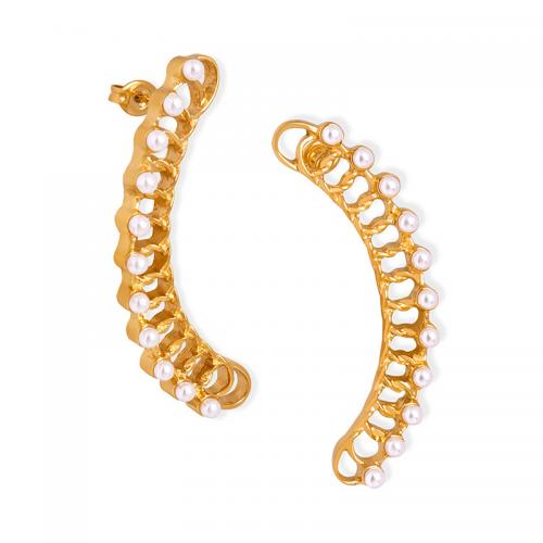 Titanium Steel  Earring, with Shell Pearl, Vacuum Ion Plating, fashion jewelry & for woman, golden, Sold By Pair