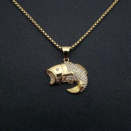 Stainless Steel Jewelry Necklace 304 Stainless Steel Fish Vacuum Ion Plating fashion jewelry & Unisex & with rhinestone Sold By PC
