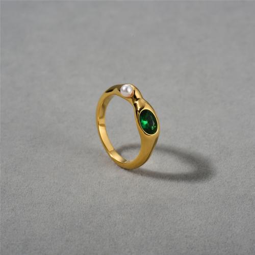 Brass Finger Ring, with Gemstone & Plastic Pearl, plated, fashion jewelry, golden, nickel, lead & cadmium free, US Ring Size:6-8, Sold By PC