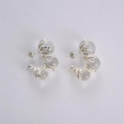 Brass Stud Earring, with Crystal, plated, fashion jewelry, white, nickel, lead & cadmium free, 30.50x12mm, Sold By Pair