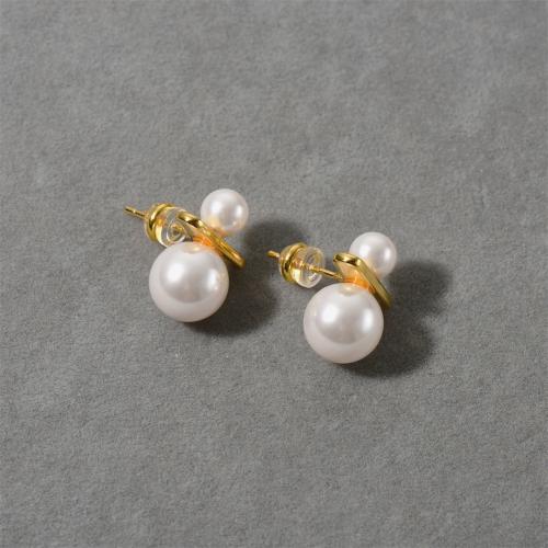 Brass Stud Earring with Plastic Pearl plated fashion jewelry golden nickel lead & cadmium free Sold By Pair