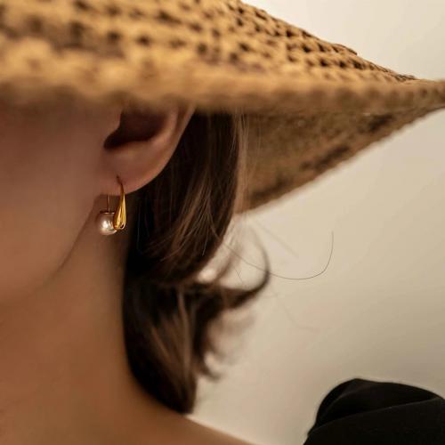 Goujon Laiton, avec perle de plastique, Placage, bijoux de mode, doré, protéger l'environnement, sans nickel, plomb et cadmium, 19.50x9.80mm, Vendu par paire